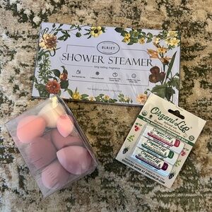 Set of 3 bath & body care - shower steamers, lip balm, makeup sponges NEW